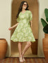 Janasya Women's Light Green Pure Cotton Floral Printed A-line Dress